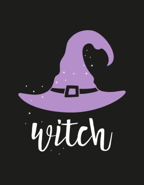 Siyah üzerine izole edilmiş şapkalı ve harfli sevimli bir afiş.