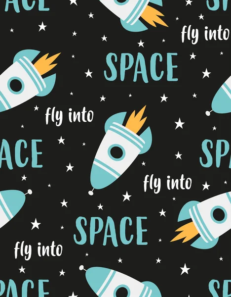 seamless pattern with rockets in space, stars in space and spaceship, simple pattern for any design, vector illustration