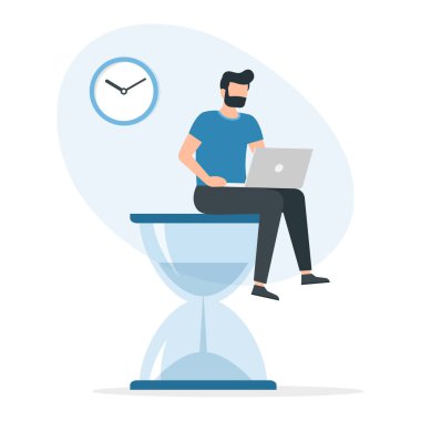 Dizüstü bilgisayarda çalışan bir adam büyük bir kum saatinin üzerinde oturuyor. Çoklu görev, verimlilik ve zaman yönetimi konsepti. Vektör İllüstrasyonu