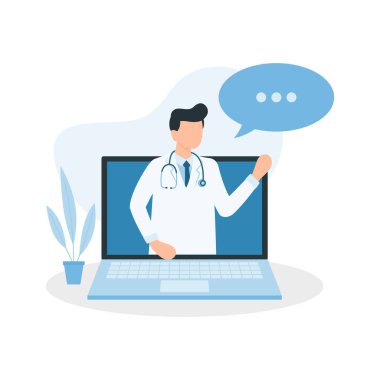 Bilgisayarı kullanarak doktorla çevrimiçi tıbbi istişare. Çevrimiçi doktor. Vektör illüstrasyonu.