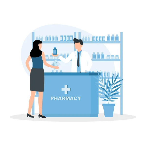 Φαρμακοποιός Γιατρός Και Ασθενής Στο Φαρμακείο Μια Γυναίκα Αγοράζει Ναρκωτικά — Διανυσματικό Αρχείο