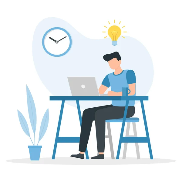Remote Work Man Working Laptop Comes Good Idea New Creative — Stock Vector