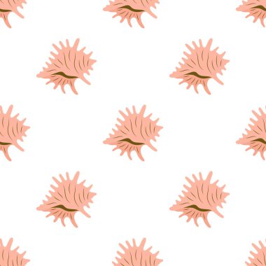 Deniz kabukları, tropikal plaj kabukları, yaz arkaplanı, düz stil vektör çizimi olan kusursuz desenler.