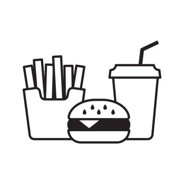 Hamburger, patates kızartması ve içecek ile fast food menüsü. Vektör İllüstrasyonu