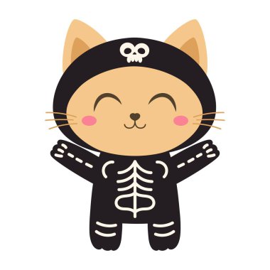 İskelet kostümlü siyah kedi yavrusu, düz bir şekilde Cadılar Bayramı vektör illüstrasyonun kutlu olsun.