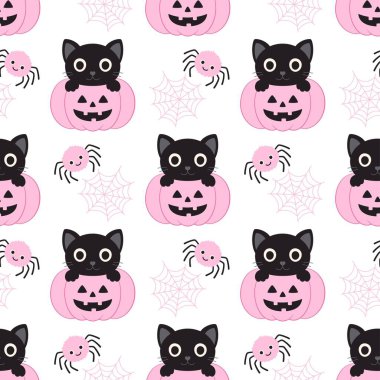 Şirin cadılar bayramı kusursuz desenli pembe balkabağı ve örümceğin içinde komik siyah kedi oturuyor, pembe renkler, çocuksu baskı, dekor tekstili için harika, ambalaj kağıdı, duvar kağıdı tasarımı, düz stil