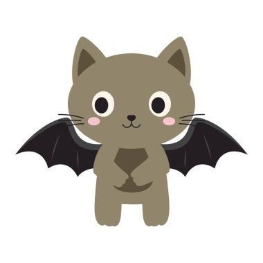 flat vector illustration with cat in halloween costume of bat, cartoon cat isolated on white