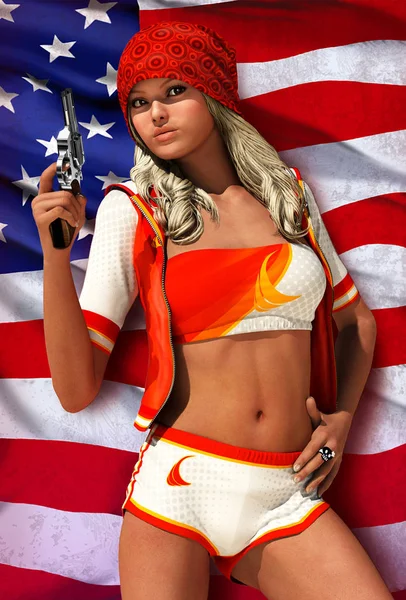 Frau Mit Waffe Vor Der Amerikanischen Flagge Illustration — Stockfoto