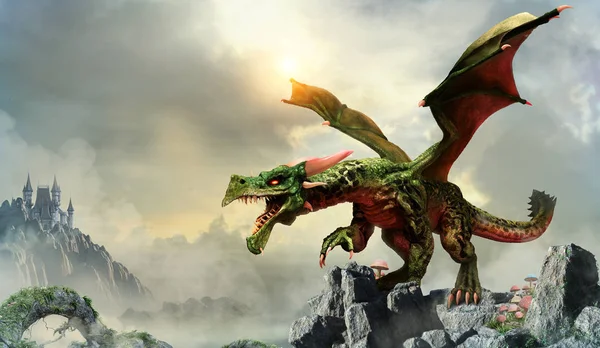 Dragón Verde Escena Ilustración — Foto de Stock