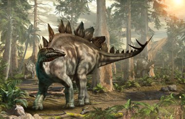 Stegosaurus orman sahnesi 3d illüstrasyon