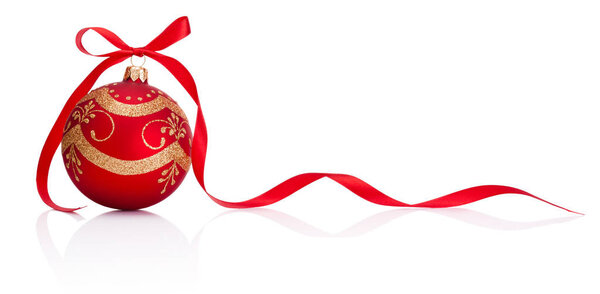 Red Christmas decoration bauble with ribbon bow isolated on white background
