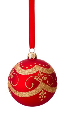 Kırmızı Noel dekorasyon önemsiz şey şerit Isolated beyaz arka plan üzerinde asılı