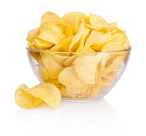 Burgonya Chips Üvegtál Elszigetelt Fehér Background — Stock Fotó