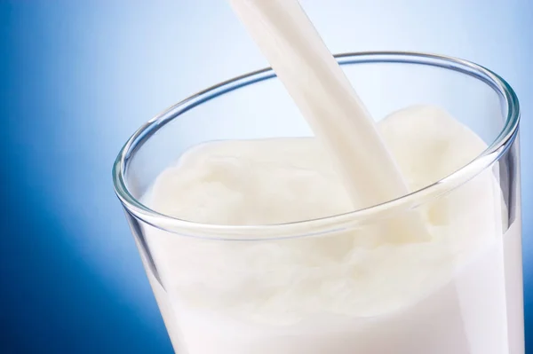 Milk Poured Glass Blue Background — Stock Photo, Image