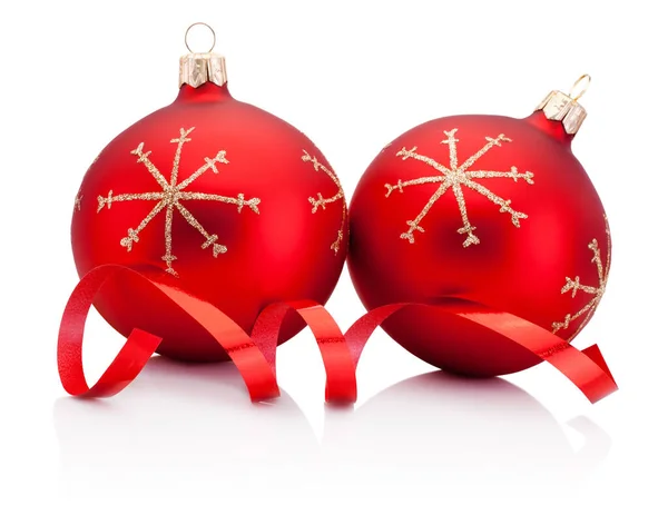 Two Red Christmas Decoration Baubles Curling Paper Isolated White Backgroun — Stock Photo, Image