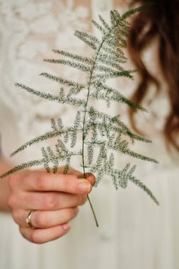 fışkın çimenlerin üzerinde bir kız avuç avuç yeşil hat, yakın çekim