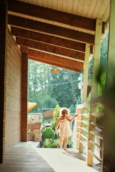 Portrait Little Girl Walking Veranda — Stock Photo, Image