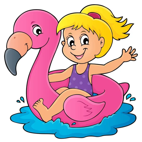 Girl Floating Inflatable Flamingo Eps10 Vector Illustration — Stock Vector