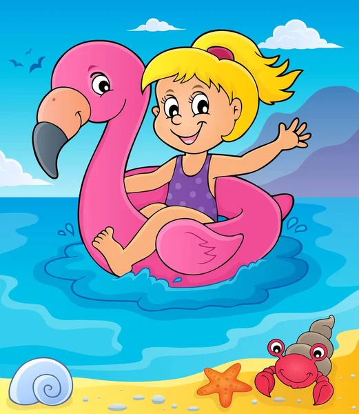 Girl Floating Inflatable Flamingo Eps10 Vector Illustration — Stock Vector