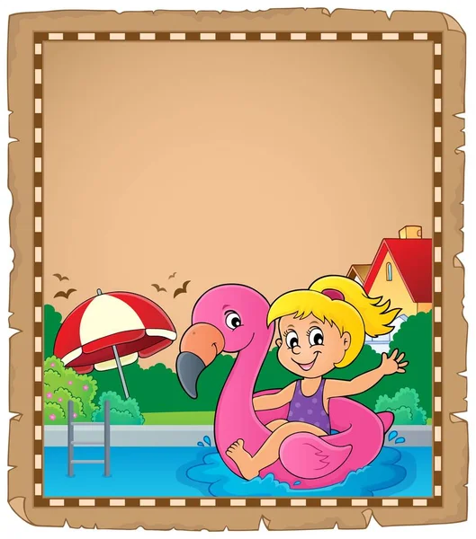 Perkament Met Meisje Flamingo Vlotter Eps10 Vector Illustratie — Stockvector