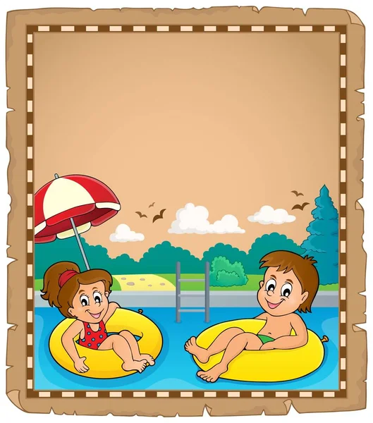 水泳リングの子供たちとのパーチメント Eps10ベクトルイラスト — ストックベクタ