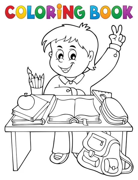 Розмальовка Хлопчик Шкільним Столом Eps10 Векторні Ілюстрації — стоковий вектор