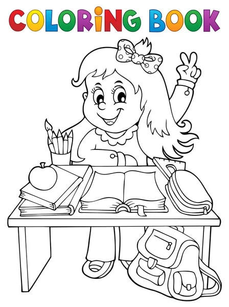 Coloriage Fille Livre Derrière Bureau École Eps10 Illustration Vectorielle — Image vectorielle