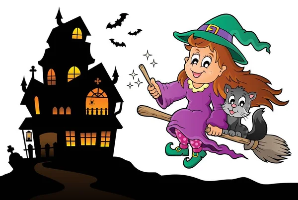 Söt Häxa Och Katt Halloween Bild Eps10 Vektor Illustration — Stock vektor