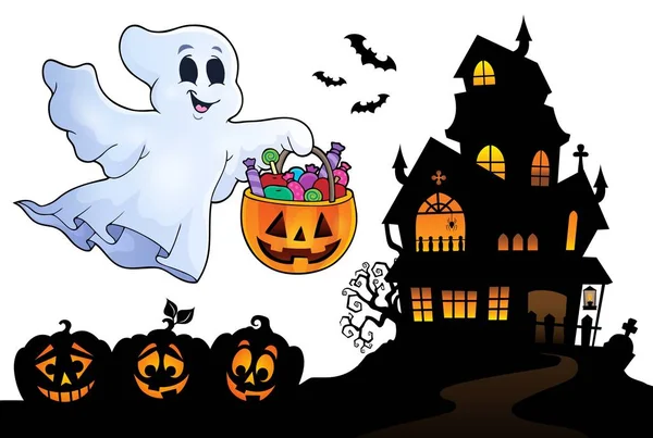 Fantasma Halloween Cerca Casa Embrujada Eps10 Vector Ilustración — Archivo Imágenes Vectoriales