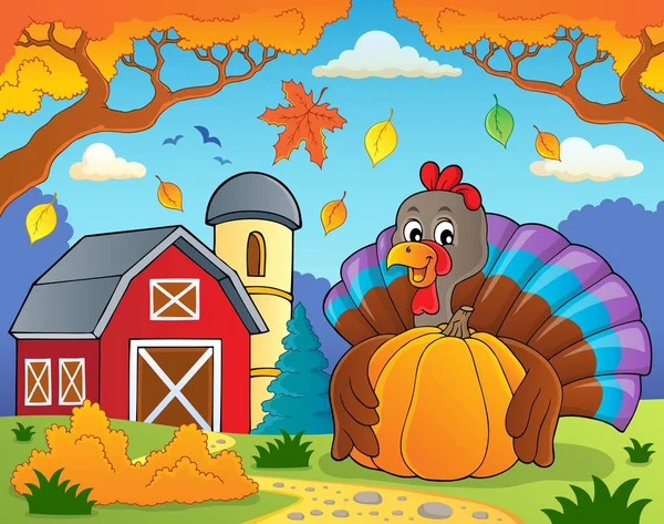 Turkey Bird Holding Pumpkin Theme Eps10 Vector Illustration — Stock Vector