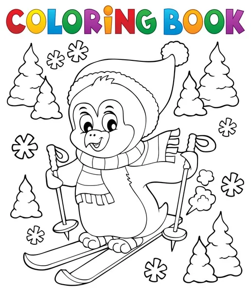 Libro Para Colorear Esquí Pingüino Tema Eps10 Vector Ilustración — Archivo Imágenes Vectoriales