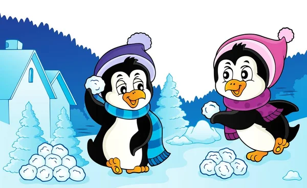 Pingouins Jouant Avec Neige Image Illustration Vectorielle Eps10 — Image vectorielle