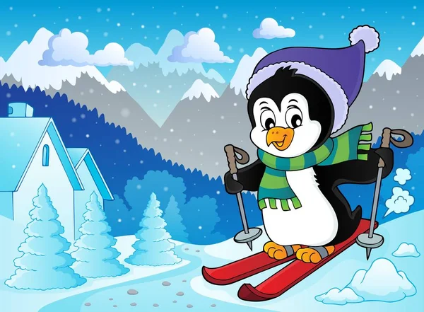 Skiën Pinguïn Thema Afbeelding Eps10 Vector Illustratie — Stockvector