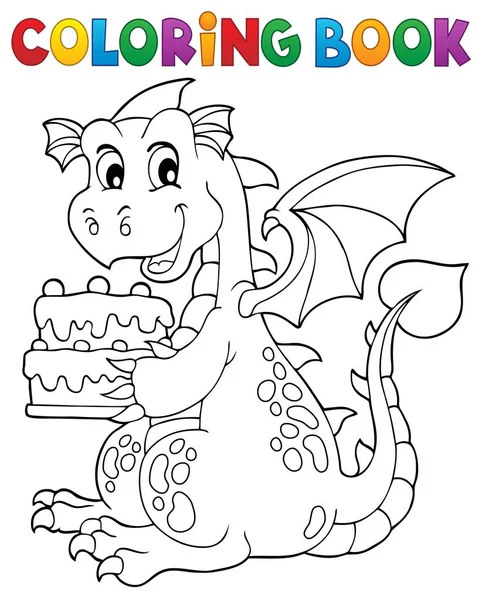 Livre Colorier Dragon Tenant Gâteau Illustration Vectorielle Eps10 — Image vectorielle