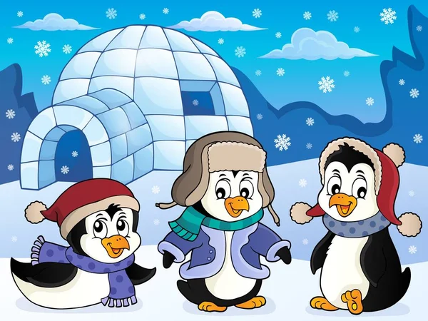 Igloo Tematem Pingwiny Eps10 Wektor Ilustracji — Wektor stockowy