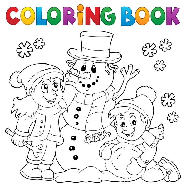 Coloring Book Kids Building Snowman Eps10 Vector Illustration — Stock Vector