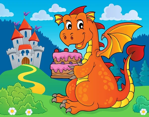 Dragon Holding Torta Tema Immagine Eps10 Vettoriale Illustrazione — Vettoriale Stock