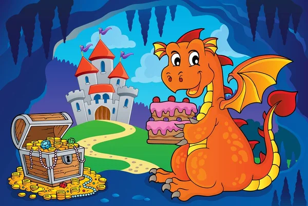 Dragon Holding Torta Tema Immagine Eps10 Vettoriale Illustrazione — Vettoriale Stock