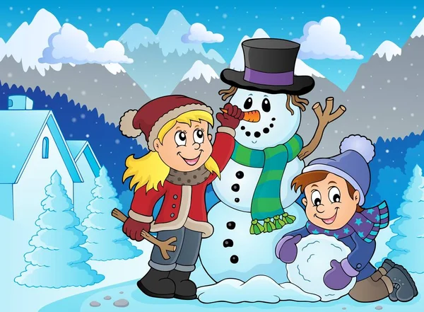 Kids Building Snowman Thema Afbeelding Eps10 Vector Illustratie — Stockvector