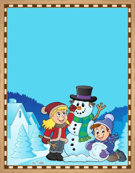 Kids Building Snowman Theme Parchment Eps10 Vector Illustration — Stock Vector