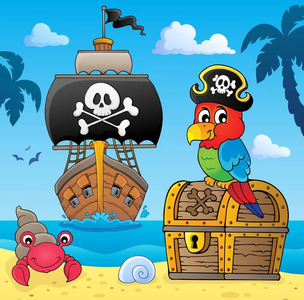 Papagaio Pirata Baú Tesouro Tópico Eps10 Ilustração Vetorial —  Vetores de Stock