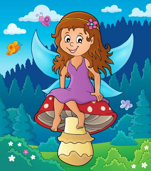 Fairy sitting on mushroom theme 2 — Stock Vector