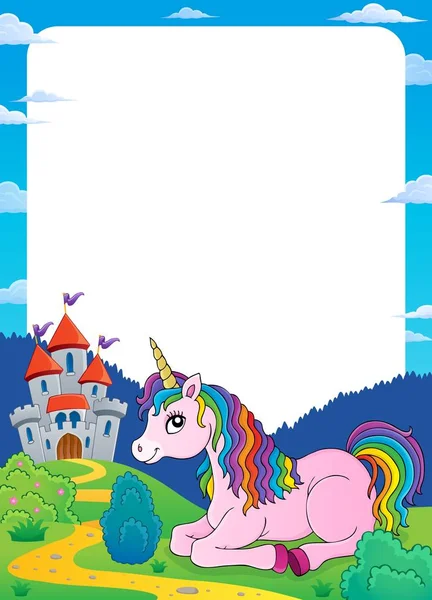 Unicorn near castle theme frame 2 — Stock Vector