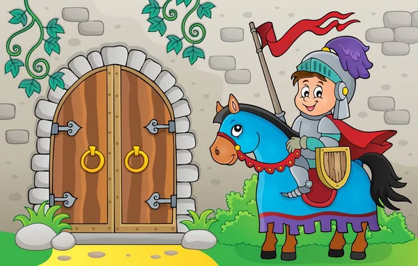Caballero a caballo por tema de la puerta vieja 1 — Vector de stock