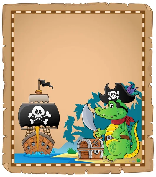 Parchment with pirate crocodile on coast — Stock Vector