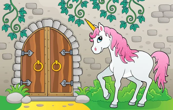 Unicorn door oude deur thema beeld 1 — Stockvector