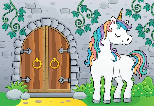Unicorn dengan gambar tema pintu lama 4 - Stok Vektor