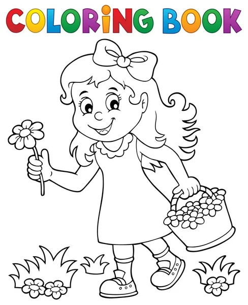 Coloring book girl with flower theme 1 — Stock Vector