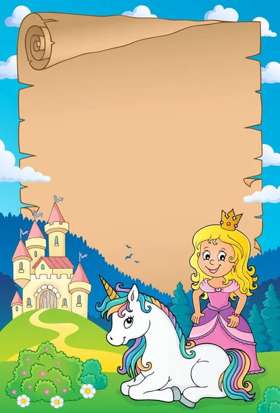 Princess och Unicorn tema pergament 1 — Stock vektor