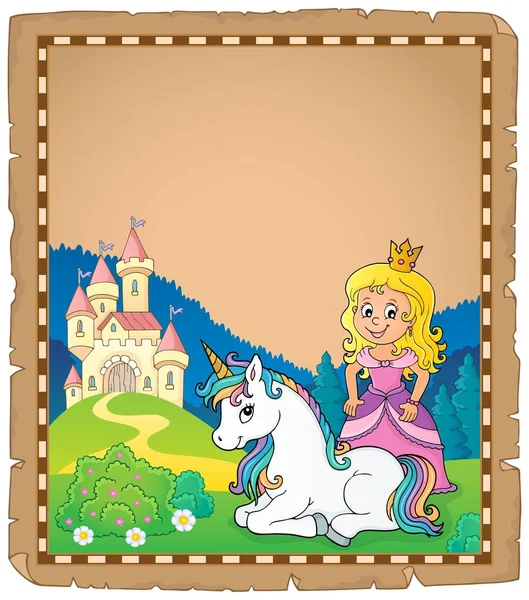 Prenses ve tek boynuzlu at tema parşömen 2 — Stok Vektör